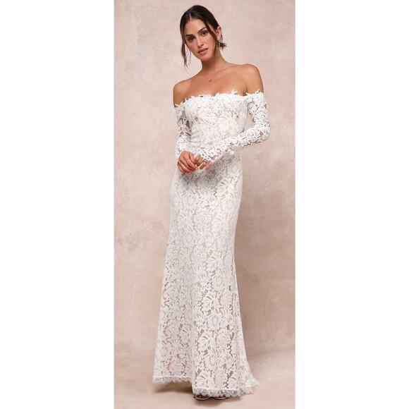 Lulu's Dresses & Skirts - Lulus New! White Lace Off-the-Shoulder Maxi Dress Long Sleeve Mermaid Bridal M